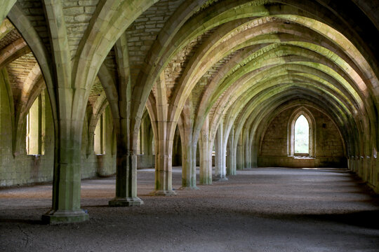The vaulted cellarium (larder) of Fountains Abbey, in North Yorkshire, England, UK.