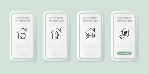 Stay at home set icon. Self isolation period, quarantine, house, heart, sick, sport, dumbbell, barbell, hand, private property, infection. Home concept. UI phone app screens. Vector line icon