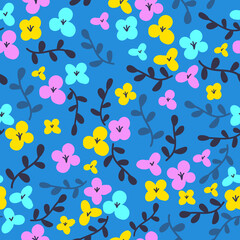 Floral seamless pattern in flat cartoon style. Vector illustration