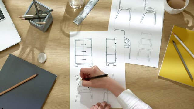 The designer draws sketches of furniture products on paper. The artist creates a prototype of chairs.