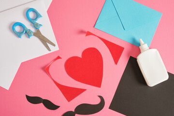 do-it-yourself father's day card, red paper heart with mustache, card for dad or grandfather
