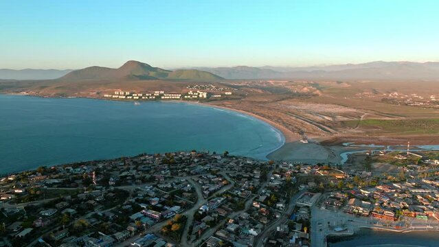 Aerial view dolly in of the socos beach in Tongoy, Coquimbo region, Chile.