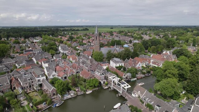 Aerial view of drawbridge over river Vecht and church tower, Loenen aan de Vecht