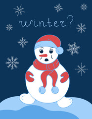 Winter poster of a snowman on a blue background in the doodle style