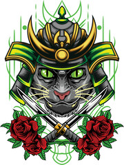 Vector illustration of cat wearing samurai helmet