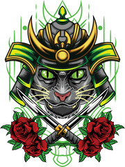 Obraz premium Vector illustration of cat wearing samurai helmet