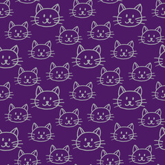 Seamless pattern with gray cats on dark violet background. Vector image.