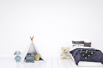 Wallpaper mockup  in a white children bedroom. 3d rendered illustration.