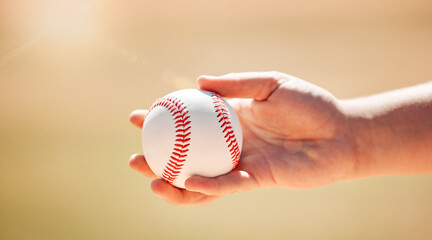 Baseball, sports and ball exercise of a hand about to pitch and throw in summer. Fitness, sport...