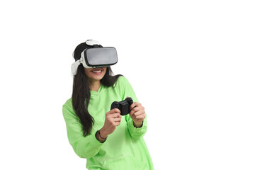 Happy young Venezuelan woman playing VR game. Isolated over white background.