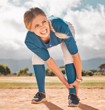 Sports, Pain And Woman With Leg Injury On Baseball Pitch Alone. Fitness, Training And A Player With Hurt Ankle. Accident At Match, Injured Girl In Need Of First Aid Or Medical Treatment At Ball Game.