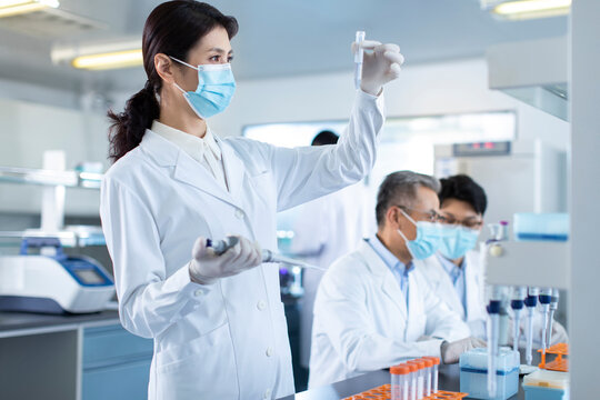 Scientists examining medical sample in laboratory