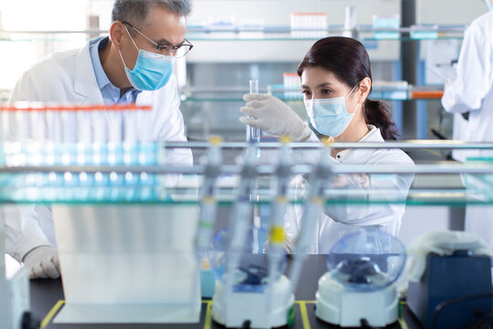 Scientists examining medical sample in laboratory