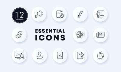 Working infographics set icon. Achievement, document, megaphone, seal, newspaper, stopwatch, ruler, statistics, target, magnifier, flipchart, contacts. Business concept. Neomorphism. Vector line icon