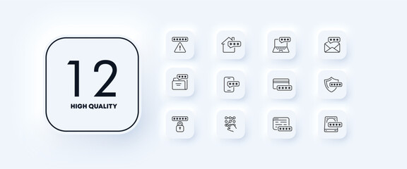 Passwords set icon. Bank card, house, lock, warning sign, private data safety, document, website, phone, graphic key, shield, letter, hard drive, laptop. Privacy concept. Neomorphism. Vector line icon