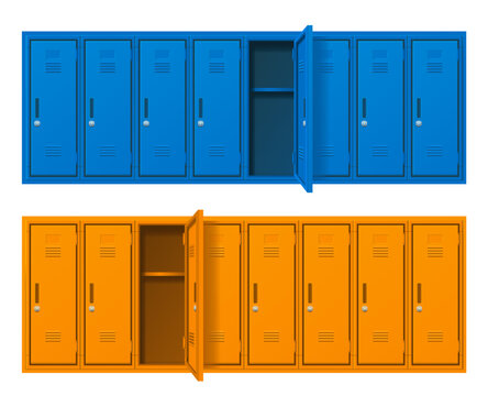 Realistic Detailed 3d Blue and Yellow School Gym Locker Set. Vector
