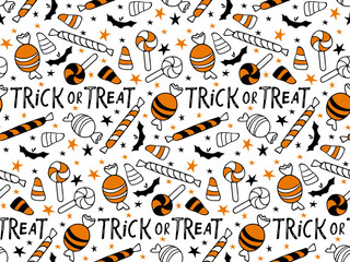 Seamless pattern with 'Trick or Treat' lettering surrounded by candies. Vector illustration for poster, invitation. Halloween design for wallpaper, fabric, packing, wrapper, scrapbooking