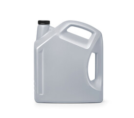 A new silver-grey motor oil container isolated on white background. Clipping path.