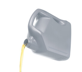 Pouring engine oil from silver-grey plastic container isolated on white background. Clipping path.