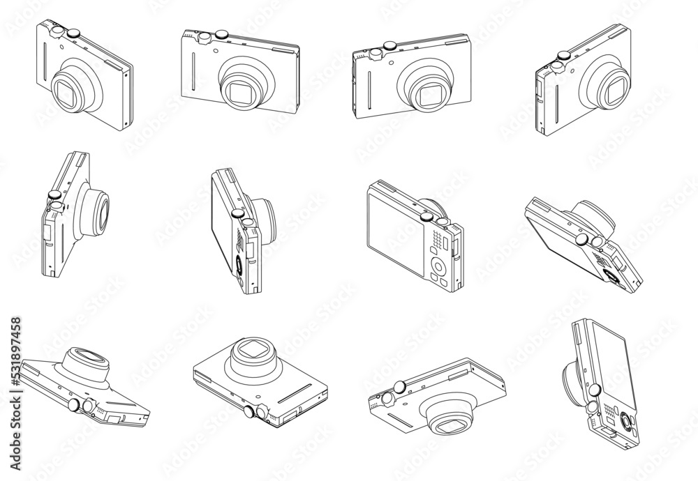 Poster set with the contours of the camera in different positions from black lines isolated on a white back