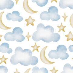Watercolor Kids Moon, Stars and Clouds Seamless Pattern Background