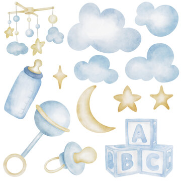 Watercolor Set of baby kids illustration of bottle, cubes, clouds, stars, moon, pacifier, rattle