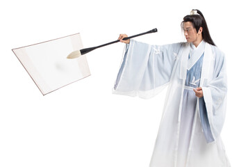 Young man in ancient costume writing calligraphy
