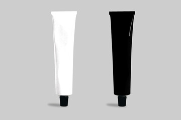 Blank Black And White Cosmetic Long Tube Pack Of Cream, toothpaste Or Gel mockup isolated on a grey background.3d rendering. 