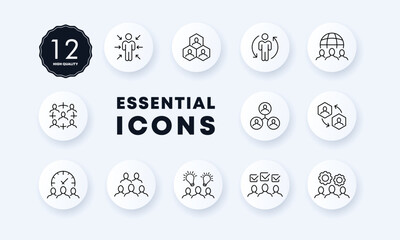 Teamwork set icon. Circular arrows, checkmark, company, creative idea, workflow, light bulb, gear, clock, schedule, employee, planet. Business concept. Neomorphism style. Vector line icon for Business