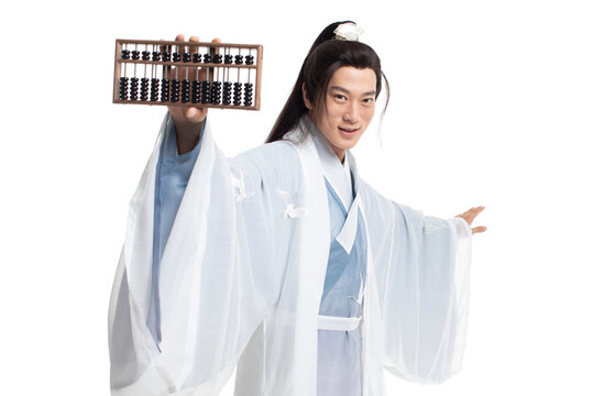 Young man in ancient costume holding an abacus
