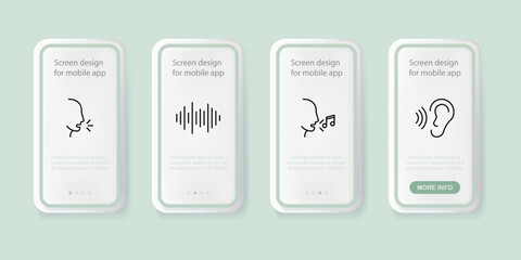 Fototapeta na wymiar Speaking set icon. Be quiet gesture, head, ear, sing a song, music note, communication, talk, hear, listen, hearing, wave. Sound concept. UI phone app screens. Vector line icon for Advertising
