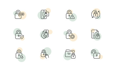Locks set icon. Security system, lock, phone, warning, circular arrows, hand, gear, document, arrow, folder, safety, protection. Privacy concept. Vector line icon for Business and Advertising