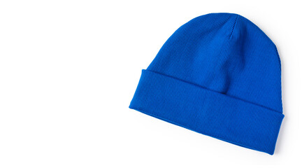 Electric blue beanie hat made from natural eco-fabric in ribbed. Isolation on a white background....