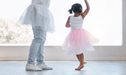 Dance and love with father and daughter family together in a princess dress for support, childhood...