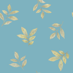 Watercolor botanical pattern. green leaves on a blue background. Abstract ornament of delicate colors.