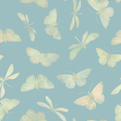 Seamless botanical pattern. Butterflies painted in watercolor and isolated on a colored background.