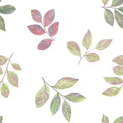 Abstract leaves with branches, seamless botanical pattern. watercolor leaves collected in an ornament for design, baking and wallpaper.