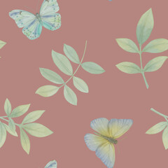 Fototapeta na wymiar Butterflies and leaves seamless ornament. Watercolor botanical pattern. Delicate butterflies and branches.