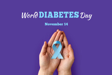 World Diabetes day. Blue circle in hands of an adult is symbol of diabetes awareness. 14 november