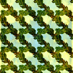 Leaves on a watercolor background, decorative composition with plant elements. Croton. Seamless pattern. Ecoprint. Use printed products, signs, posters, postcards, packaging. © gvinevera88