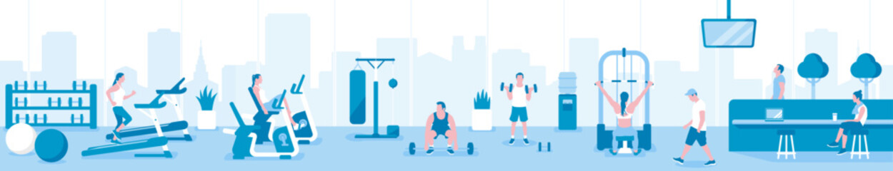People working out at the gym.  Horizontal vector  banner illustration.