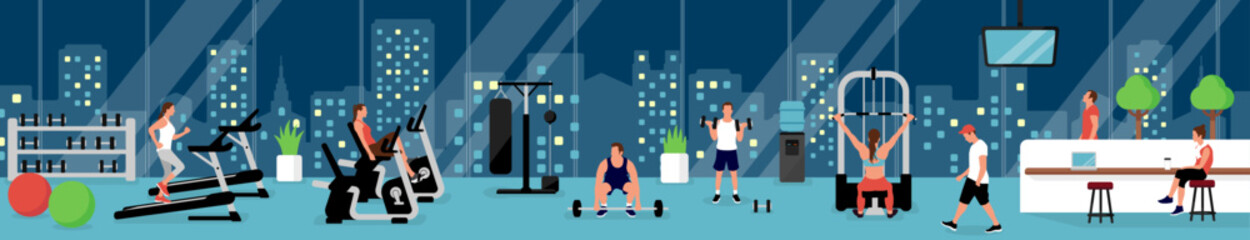 People working out at the gym.  Horizontal vector  banner illustration.
