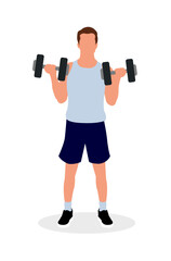 Fototapeta na wymiar Vector illustration of a man holding dumbbells and training his arms.