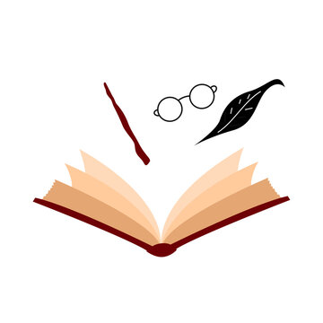 Collection of vector magic fairy tale elements, icons and illustrations. Book and glasses.