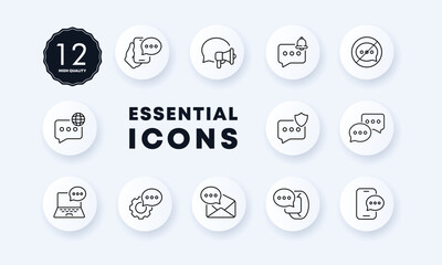 Information set icon. Planet, message, megaphone, smart bracelet, gear, letter, email, no comments, shield, source, phone, speech bubble, laptop. Communication concept. Neomorphism. Vector line icon