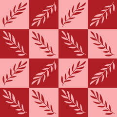 Fototapeta premium Abstract Hand Drawing Geometric Checkered Squares with Leaves Seamless Vector Pattern Isolated Background
