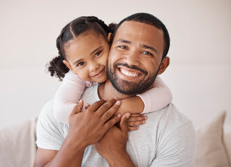 Children, family and love with a girl and her father hugging, embracing and bonding together in their home. Kids, smile and happy with a man and his daughter enjoying time with a loving expression - Powered by Adobe