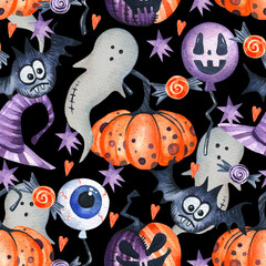 Seamless watercolor pattern. Halloween. Pumpkins to the point, a black bat, a balloon with a scary face, a balloon in the form of an eye, a star, a heart, confetti on a black background. Design for wr