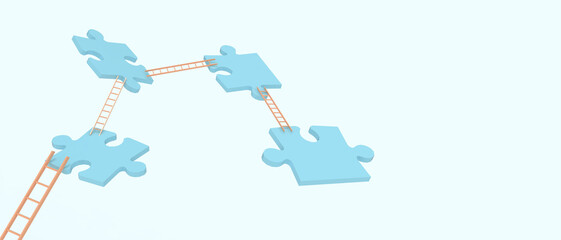 Creative idea. Business ideas of Success jigsaw and ladder for Teamwork concept on Blue background. copy space, Network data, connection, Development, banner, website -3d Rendering