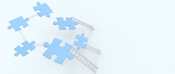 Creative idea. Business ideas of Success jigsaw and ladder for victory and Teamwork Concept on Blue background. Inspiration, copy space, digital data, banner, website -3d Rendering
